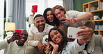 Selfie, excited and friends on sofa for football game, socializing and cheers in living room. Diverse group, students or happy for soccer streaming, social media update or peace sign for photography