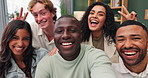 Happy, portrait and selfie of students in living room for reunion, social media update and memories. Diverse group, friends and excited for party with support, peace sign and socializing in apartment