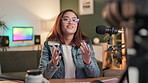 Camera, live stream and radio with woman content creator in office for audio blogging or podcast. Broadcast, media and microphone with happy influencer talking to audience of online followers