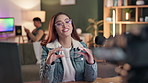 Live stream, radio and smart glasses with woman content creator in office for podcast or review. Camera, media and microphone with happy influencer talking product to audience of online followers