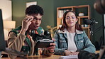 Interview, radio and virtual reality product with influencer people hosting live stream or talk show. Broadcast, VR headset or question with content creator and presenter in recording studio together