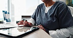 Nurse, typing and tablet for prescription in office, medical report or website for feedback with patient. Technology, hand and healthcare professional for results, email or female person for medicare