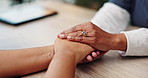 Woman, doctor and holding hands for support with patient, healthcare trust and empathy in clinic. People, compassion and counselling with kindness for love, respect and medical help for mental health