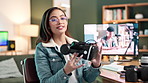 Woman, vr glasses or review of technology for creative in home office, face in presentation. Female 
influencer, metaverse or content creator with information for online gaming or video streaming