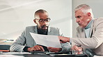 Business people, men and paperwork for planning, conversation and chats for financial income. Cooperation, consultant and broker with report, meeting and feedback with support, discussion and review
