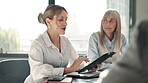 Business woman, meeting and tablet in office for collaboration, teamwork or discussion. Female person, project manager and tech for brainstorming, idea and thinking for digital connection as employee