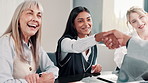 Business meeting, handshake and laptop in office for collaboration, teamwork and partnership. Happy woman, project management and tech for agreement, choice or decision with celebration for promotion