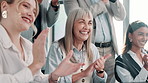 Presentation, applause and business people in office with good news, achievement or success. Happy, clapping hands and team of professional employees in meeting for celebration in workplace boardroom