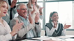 Presentation, applause and business people in office with achievement, results or success. Happy, clapping hands and team of professional employees in meeting for celebration in workplace boardroom