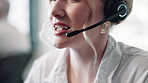 Mouth, woman and microphone at call center with customer or client for support and service. Office, crm and advisor or consultant as employee in conversation, telemarketing and advice at help desk