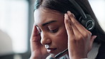 Telemarketing, tech support and woman with headache, stress and pain with crisis, mistake and call center. Person, employee and agent with headphones, help desk and migraine with depression in office
