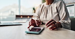 Hands, business and woman at desk, smartphone and typing for email, comment on social media and message. Closeup, consultant and news editor with cellphone, research for article or search for contact