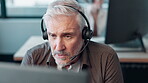 Customer support, man and headset with computer in office for telecom, assistance and support. Mature person, consulting and tech with discussion for b2c insurance, telemarketing and advice to client