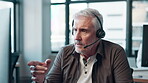 Customer service, businessman and headset with computer in office for telecom, assistance and help. Mature person, consulting and tech with discussion for b2c insurance, telemarketing and advice