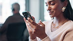 Office, relax and business woman with phone for communication, contact and networking. Professional, corporate and happy worker on smartphone for internet, browse website and social media on break
