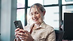 Office, happy and woman with phone on break for communication, contact and networking. Professional, corporate and happy worker on smartphone for internet, browse website and social media to relax