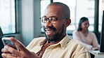 Office, relax and business black man with phone for communication, contact and chatting. Professional, corporate and happy worker on smartphone for internet, browse website and social media on break