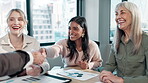 Handshake, people and business meeting with paperwork for agreement, partnership or celebration. Design team, charts and employees with client shaking hands for project success, deal or applause