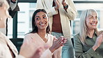 Meeting, applause and business people in conference room for presentation, company workshop or achievement. Design team and staff with diversity clapping hands for celebration, success or good news