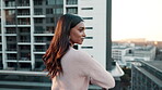 Thinking, skyline and back of woman in city for summer, freedom and peace on rooftop. Buildings, sunshine and female person with idea or memory, relax and clam in New York for urban view or sunset