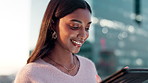 Woman, tablet and smile on rooftop in city for planning, online research with website for corporate report. Female person, urban and glasses with ebook for project with networking, reading or happy