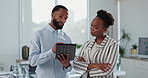 Man, black woman and partner with tablet in office for finance, planning or review with budget. People, teamwork and digital touchscreen for reading, problem solving or feedback for advice at startup