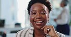 Happy, business and face of black woman in office with company pride, confidence and smile. Creative workspace, startup agency and portrait of worker laugh for career, job opportunity and work