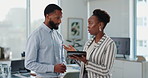 Business man, black woman and partner with tablet in office for finance, planning or review with budget. People, teamwork and digital touchscreen for reading, problem solving or feedback at startup