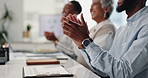 Support, applause and excited business people at meeting, presentation or deal celebration in office. Cheers, men and women in conference room with project success, teamwork or proposal achievement