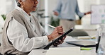 Woman, hands and writing with tablet for meeting, schedule or tasks at office conference. Closeup of female person or employee taking notes on technology for project planning or team brainstorming