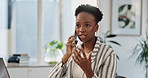 Phone call, communication and business woman in office with connectivity for client feedback. Cellphone, contact and African female financial advisor on mobile discussion for closing investment deal.