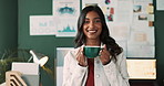 Coffee, computer and smile with fashion designer woman in office for artistic or creative development. Break, ecommerce and portrait with happy or relaxed Indian employee in small business workplace