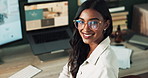 Smile, computer and face of woman in office with research for creative project with mood board. Happy, confident and portrait of female interior designer working on desktop at workplace in India.