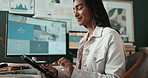 Woman, headphones and designer in office on break with music, tablet and eyes closed to relax. Indian person, girl and listening with subscription for audio streaming by computer at creative agency