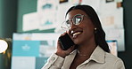 Happy, girl and phone call for conversation in home office for business proposal, networking and communication for schedule. Smartphone, woman and discussion for work update, client relation and task