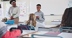 School, education and boy for presentation in classroom for lesson, learning and oral assessment. Teacher, students and kids listen to child for public speaking, speech development and show and tell