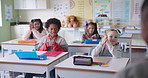 Children, education and classroom clapping for student presentation, congratulations and well done. Group of kids with applause, cheers and support for correct answer, quiz or oral test at school