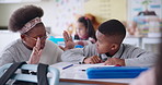 Classroom, school and teacher with child for help in lesson, maths skills and learning for assessment. Education, students and woman with boy counting numbers for teaching, development and knowledge