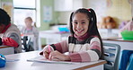 Face, girl and student in classroom with creative learning, development or drawing for school activity at desk. Portrait of smart and happy child or kid with confidence for coloring test in education