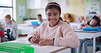 Face, girl and classroom with creative learning, visual development and drawing for school project or activity. Portrait of smart and happy child or student in glasses with coloring for education