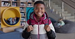 African boy, face and backpack at school, library or happy for education, development and studying. Child, smile and portrait with bag in hall for learning, scholarship or start at academy in Chicago