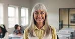 Senior woman, face and teacher in classroom with smile for knowledge, learning expert for education. Female professor, happy or pride for university with satisfaction for curriculum, elderly or happy