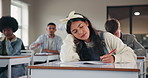 Education, exhausted and paper ball with girl student in class for development, learning or study. Book, burnout or wake up and tired teen in classroom with assessment, growth or scholarship fatigue