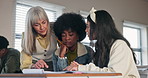 Professor, students or help in school for question with assessment, diversity and mentor for development. Female teacher, girl learners or faq with info or support for education, talking for solution
