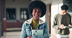 Happy, black girl and face of student on high school with book for learning, growth and development for study. Female learner, portrait and textbook on campus for knowledge, biology and education.