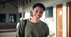 Smile, boy and face of student on high school with books for learning, growth and development for study. Male learner, portrait and notebook on campus for knowledge, scholarship and education.