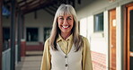 Portrait, happy and teacher on campus of university for knowledge, career and education. Woman, pride and professor or employee for development, curriculum or lecture for English academy or college