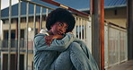 Black girl, thinking and sad teen on high school with social anxiety, stress and academic pressure or overwhelmed. Female student, alone and balcony with thoughts of final exam, education and burnout