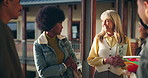 Students, teacher and talk at high school in hallway for diversity, greeting or learning together. Education, happy people or group in conversation on break for study tips, chat or support at campus