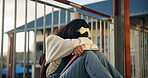 Girl, student and sad teen on high school with social anxiety, stress and academic pressure or overwhelmed. Female learner, thinking and alone on balcony with thoughts of exam, education and burnout.